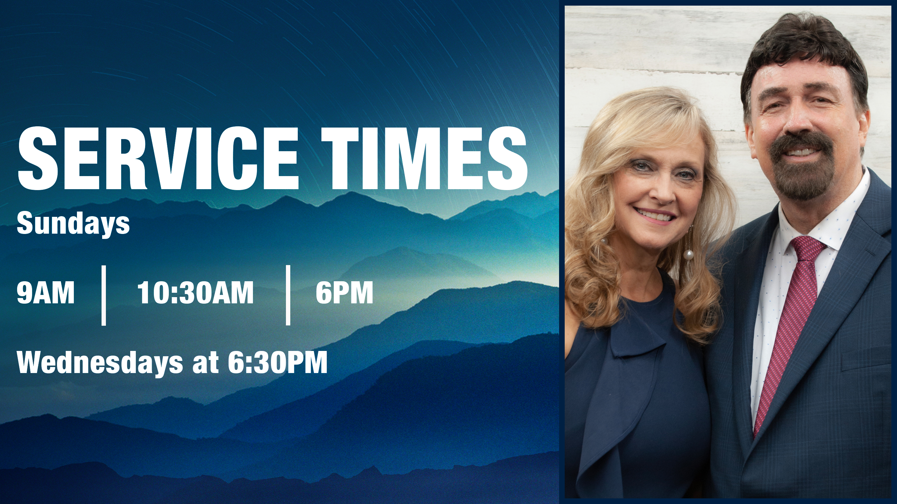 Serivce times for synergy church ministries, including Pastor Dana and Nan Gammill